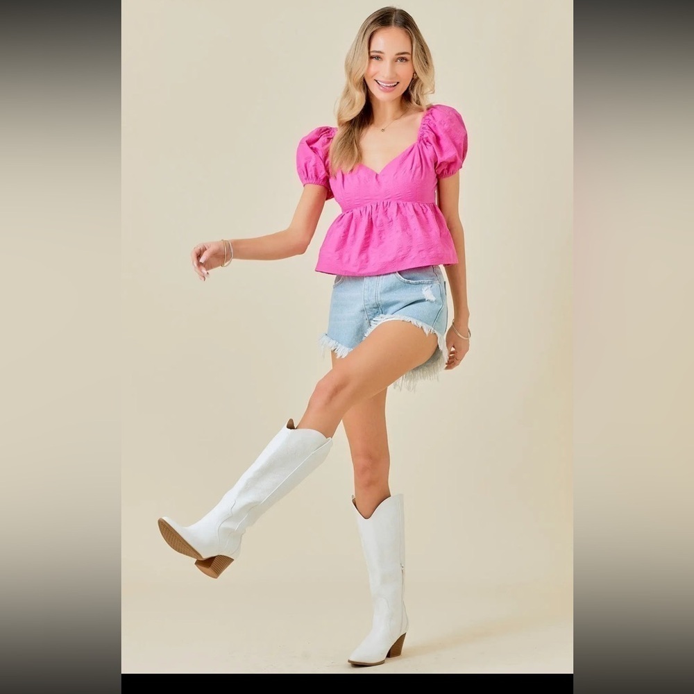 Day + Moon Puff Sleeve Sweetheart Neckline Babydoll Crop Top